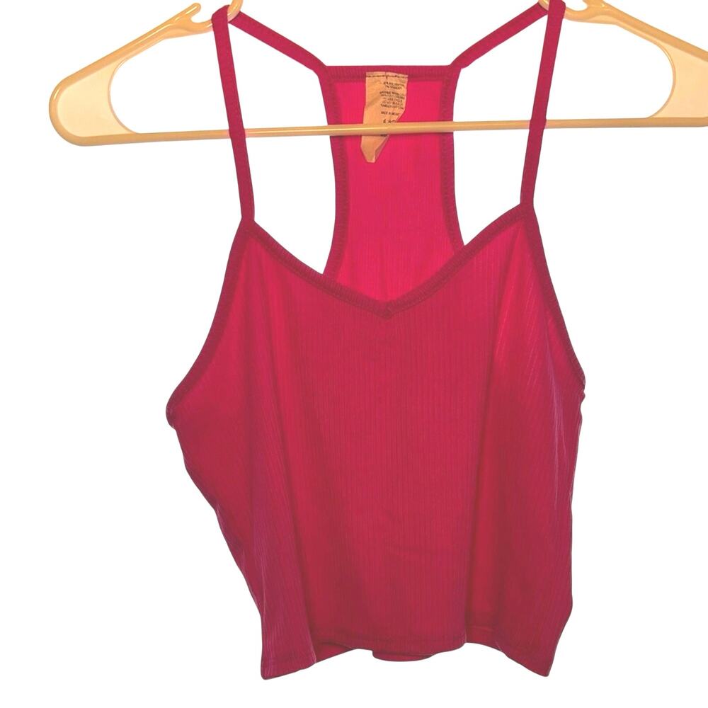 Hot Pink Ribbed Tank Top Medium Strappy Racerback Stretch Fitted Y2K